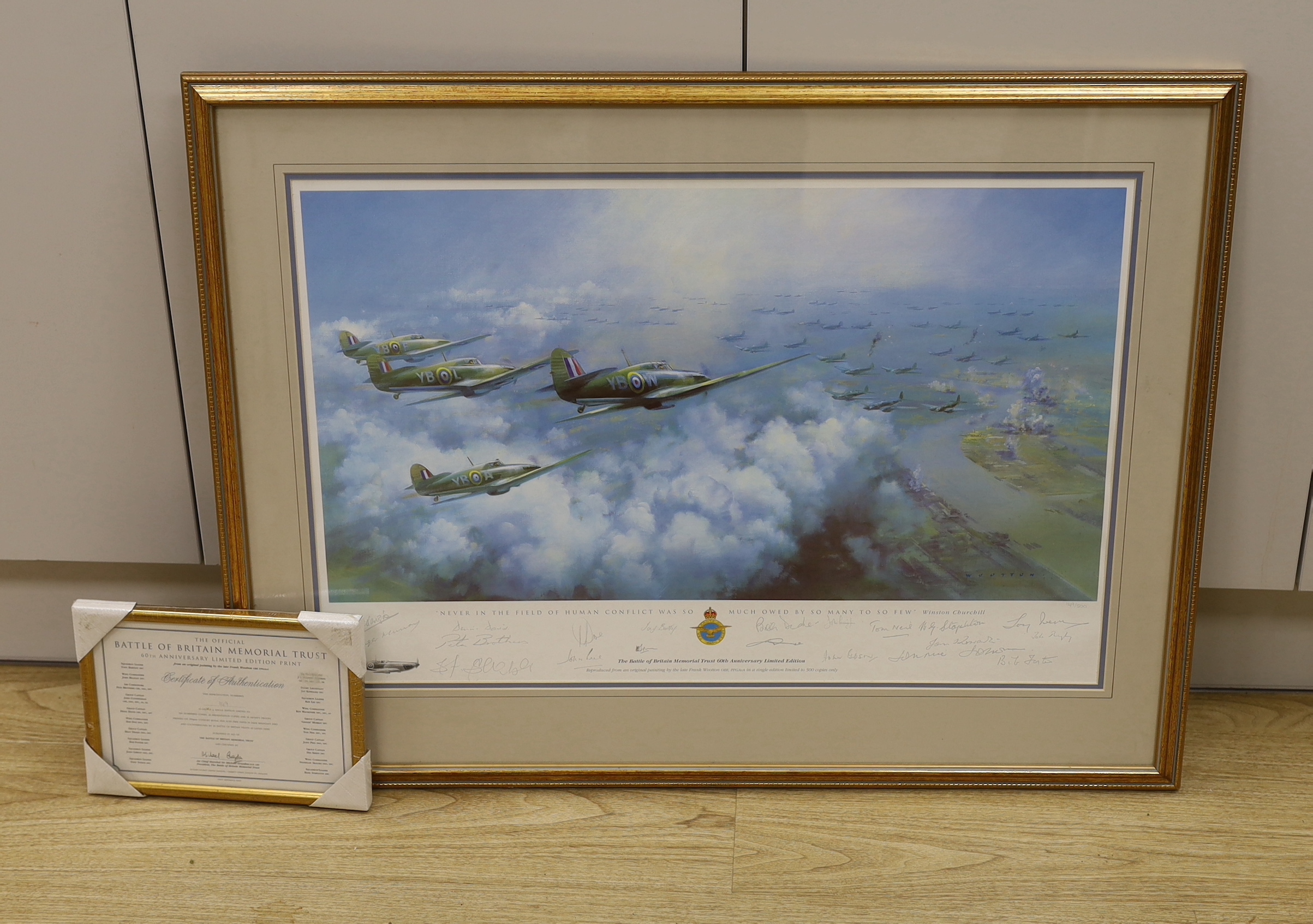 Frank Wootton (1911-1998), colour print, The Battle of Britain Memorial Trust 60th Anniversary, signed in pencil by fighter pilots including Tony Bartley and John Beazley, limited edition 149/500, 47 x 68cm, with COA